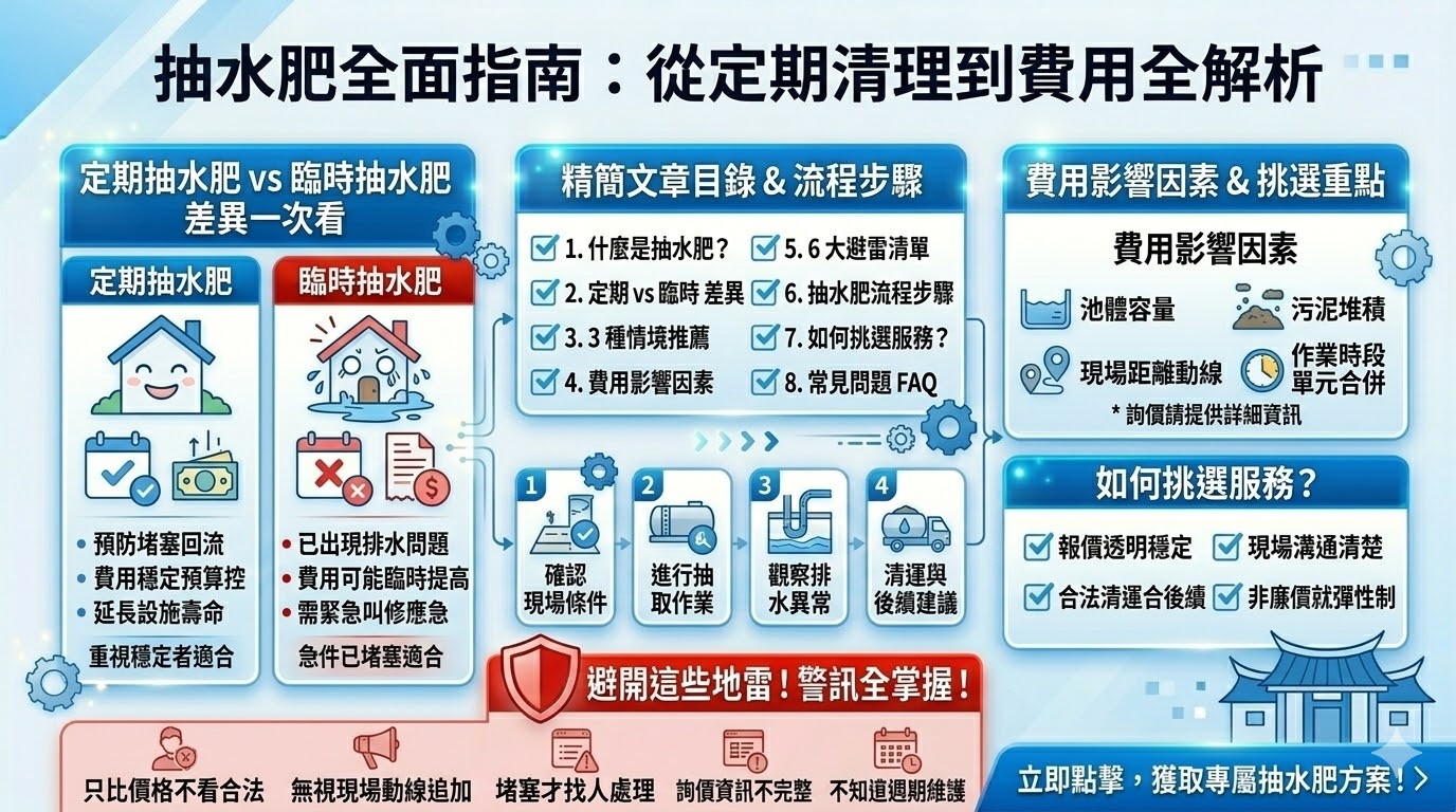 專業抽水肥服務解決化糞池滿溢、馬桶不通與異味問題!本篇完整解析化糞池清理流程、費用影響因素,並教您如何判斷清理時機。透過定期維修與專業抽除,不僅能延長設施壽命,更能維護居家環境衛生。立即了解台南地區最推薦的化糞池保養指南,讓生活品質不再受「肥」事困擾。