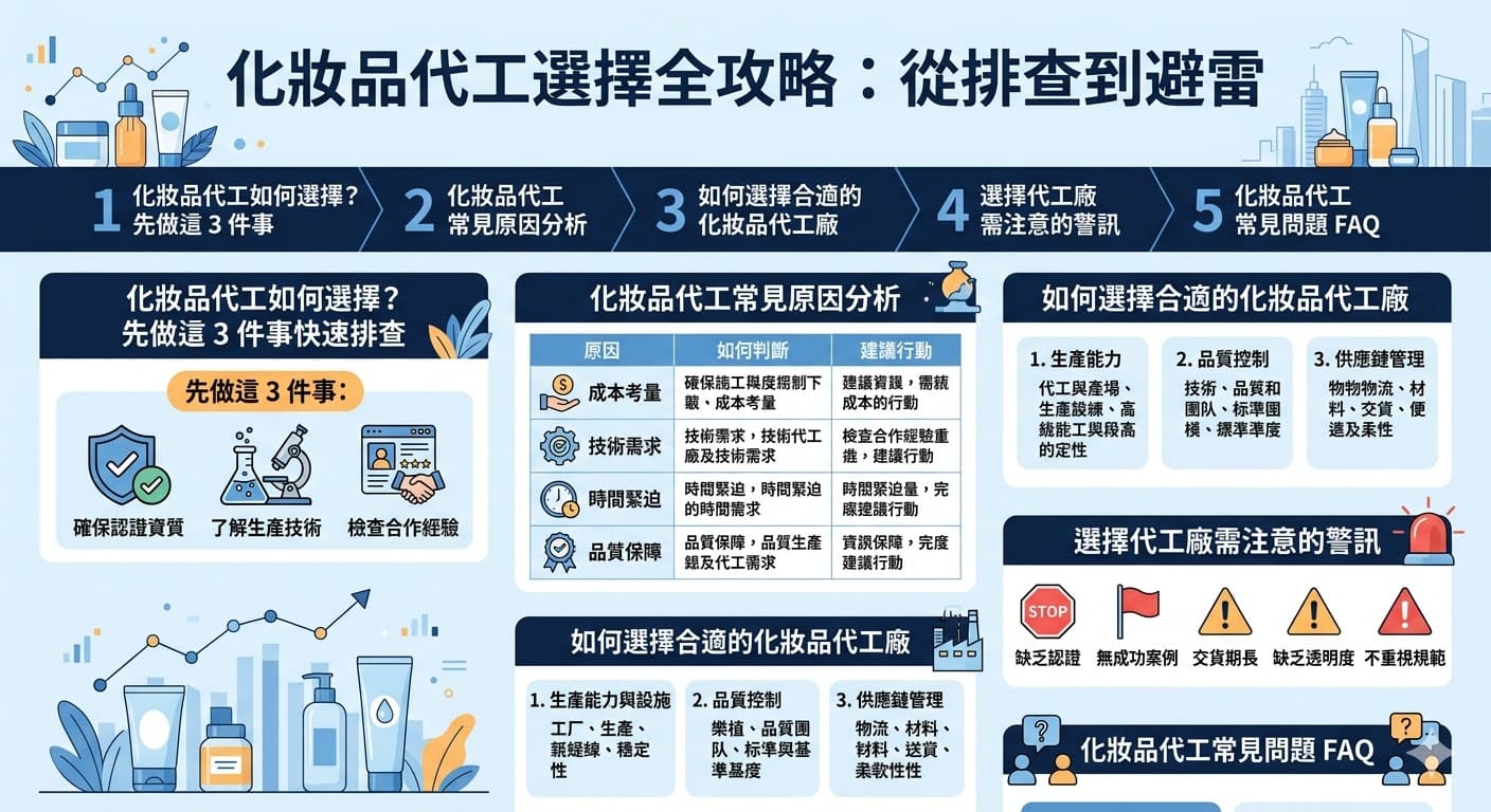 在尋找化妝品代工廠時，選擇合適的合作夥伴對產品的質量與交貨期至關重要。本文深入解析化妝品代工的選擇過程，提供關鍵的排查步驟，幫助企業從代工廠的認證、技術能力到供應鏈管理等多方面進行篩選。了解如何通過正確的判斷標準，選擇最具實力的化妝品代工廠，確保產品品質與市場需求匹配。